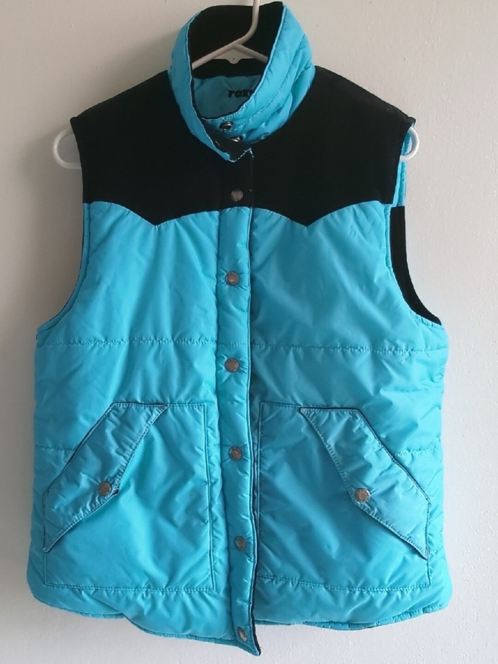 Vintage Roxy Turquoise Quilted Puffer Vest with Black Yoke Corduroy Reversible